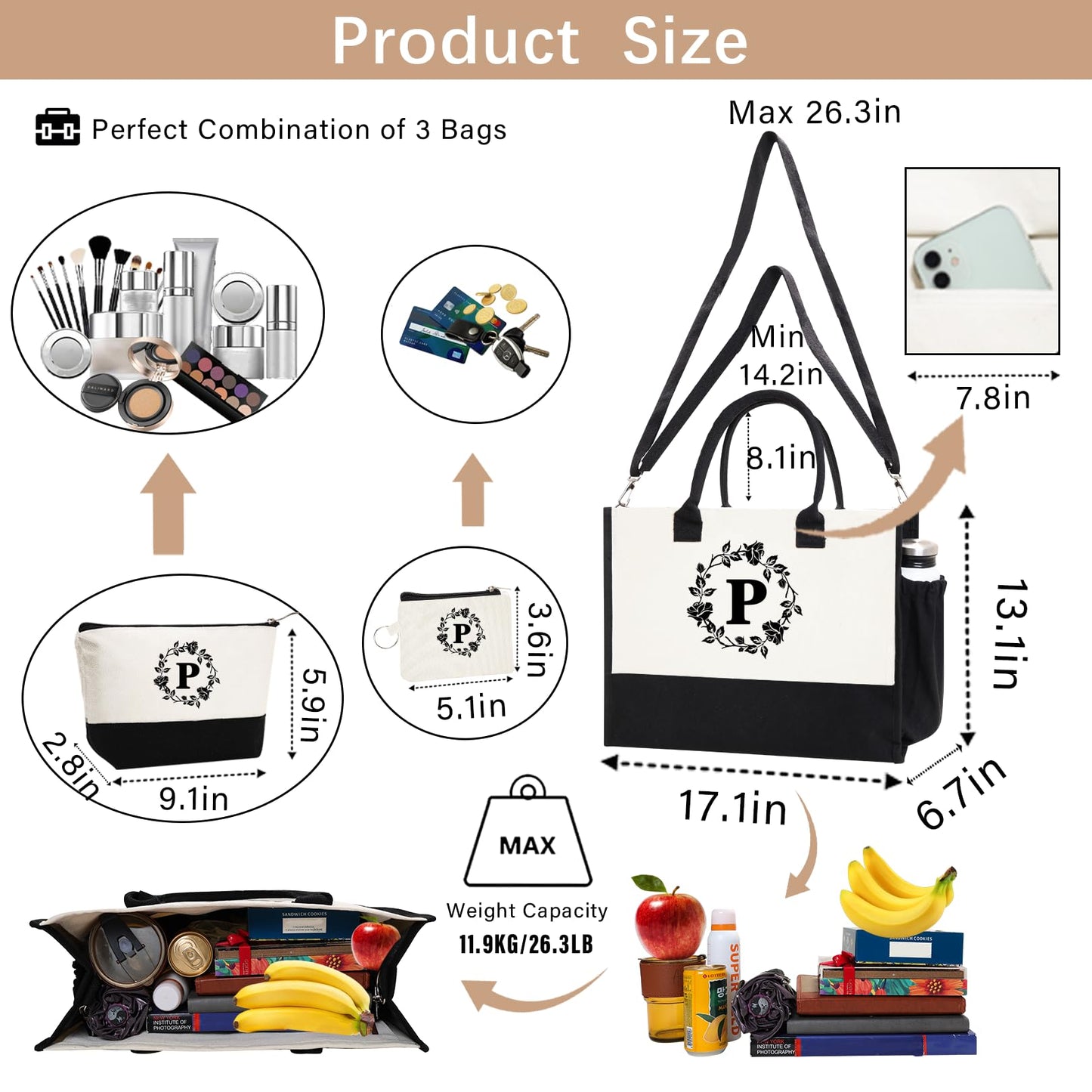 Adoryoung Monogram Personalized Initial Canvas Tote Bags for Women, Double-sided Embroidery Tote Beach Bags Gifts for Women (P)