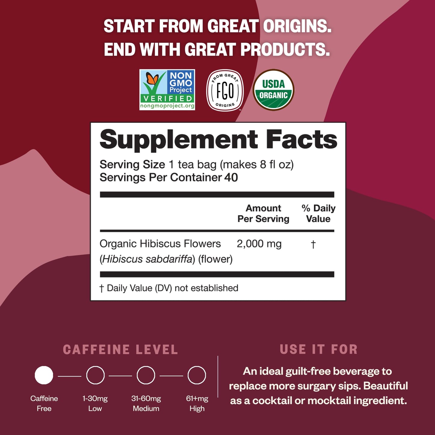 FGO Organic Hibiscus Herbal Tea, 40 Count, Eco-Conscious Tea Bags, Caffeine Free (Pack of 1)