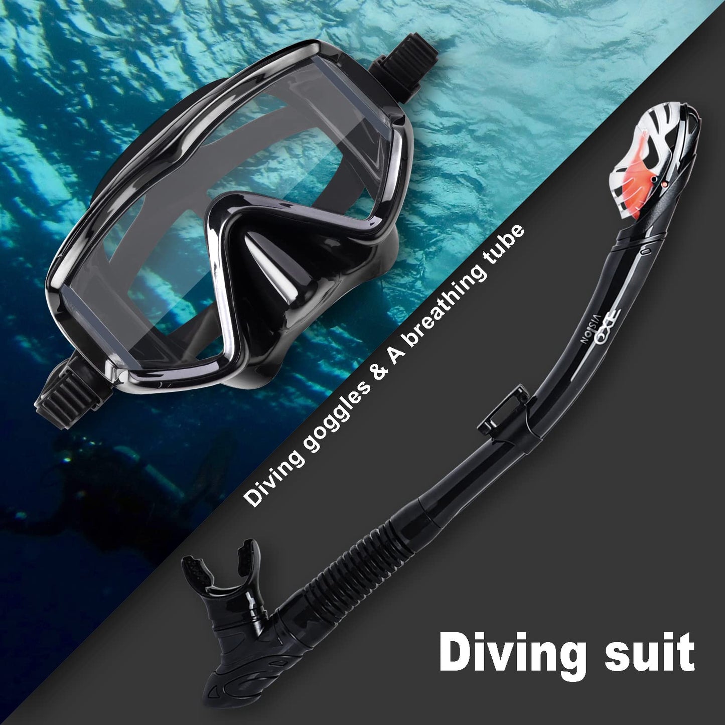 Snorkel Set Pano 3 Window Adult Snorkeling Gear, Professional Snorkel Goggles Anti-Fog Diving Mask, Anti-Leak Swim Goggles and Dry Top Snorkel for Diving, Snorkeling, Swimming (Black)