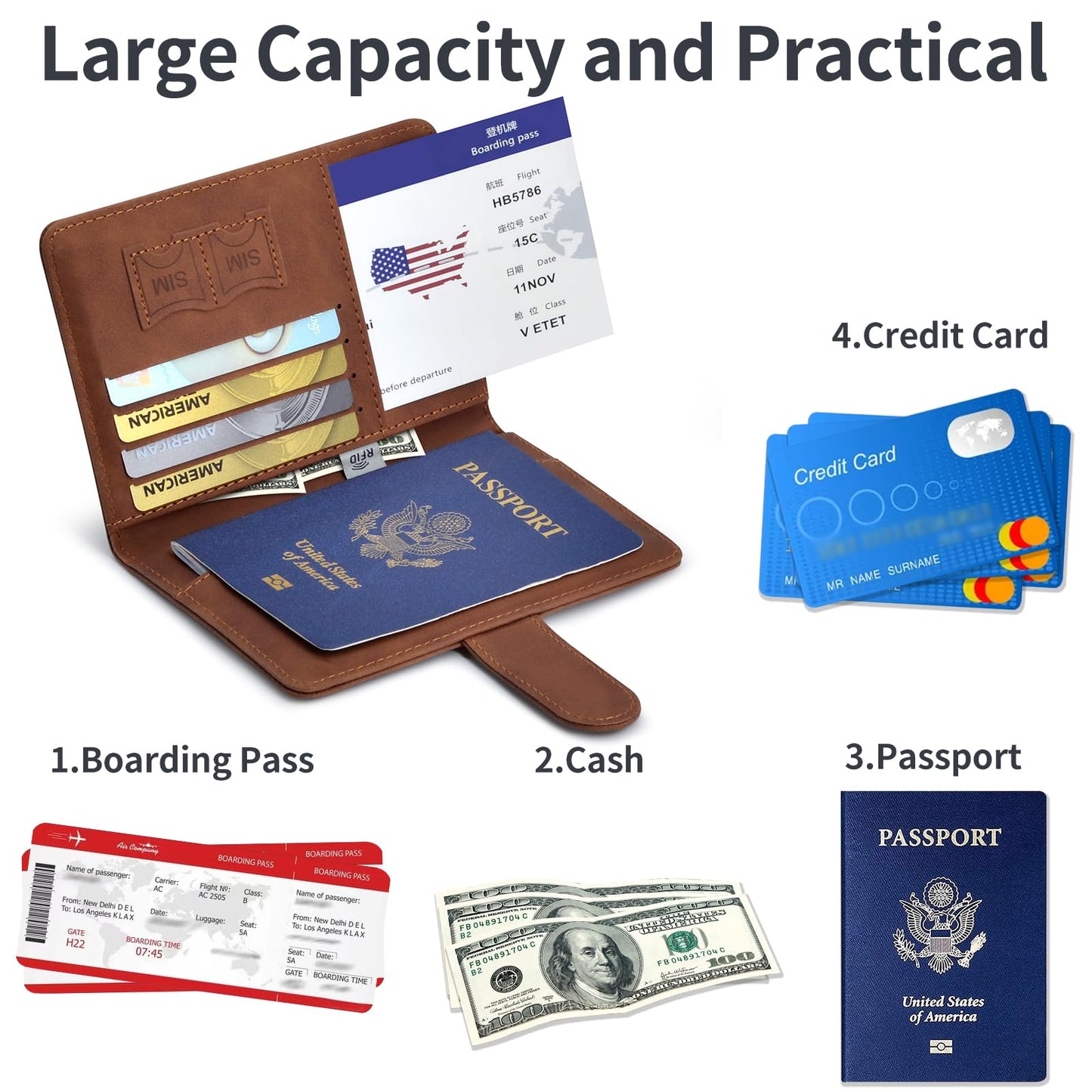 Passport Holder, Passport Cover with Credit Card Slot and Boarding Pass Slot Combo, Passport Wallet Case Book Travel Must Have, RFID Blocking Leather Travel Accessories, Brown