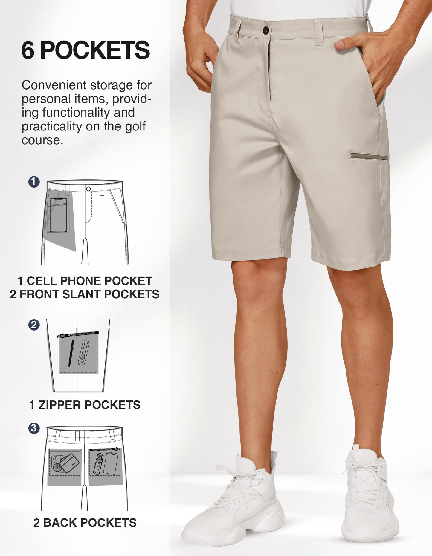 PULI Men's 10 Inseam Golf Shorts Stretch Casual Quick Dry with Pockets for Hiking Outdoor Adventure Light Beige 38
