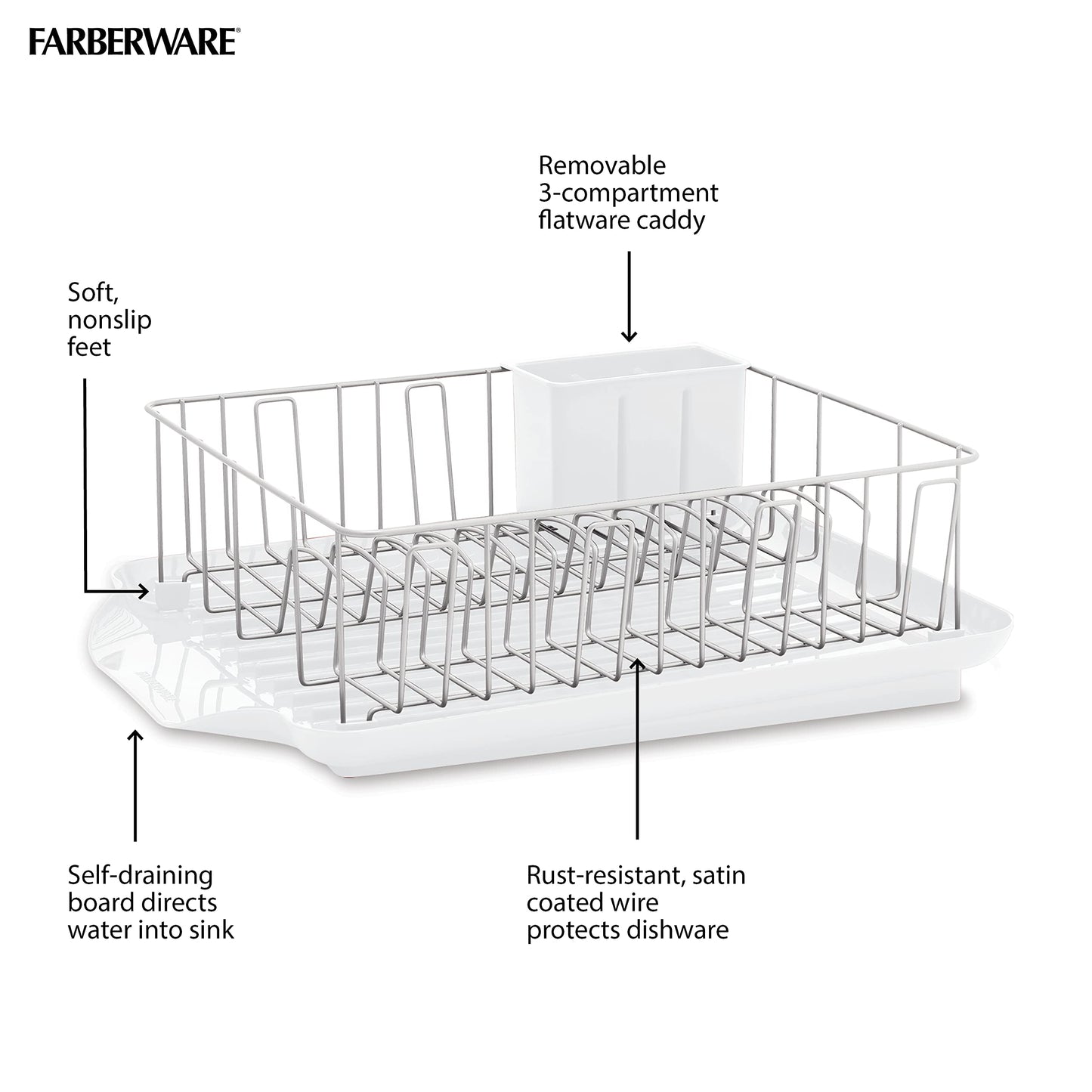 Farberware Classic Large Rust Resistant Full Dishrack with Removable 3 Compartment Flatware Caddy, Andlged Drain Board, 3-Piece, White