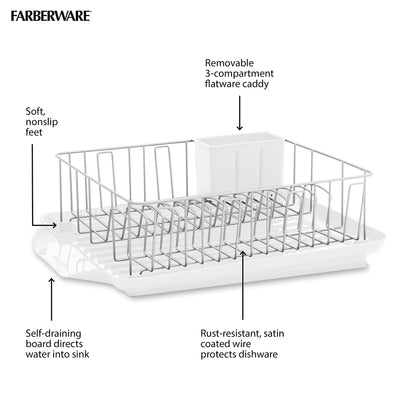 Farberware Classic Large Rust Resistant Full Dishrack with Removable 3 Compartment Flatware Caddy, Andlged Drain Board, 3-Piece, White