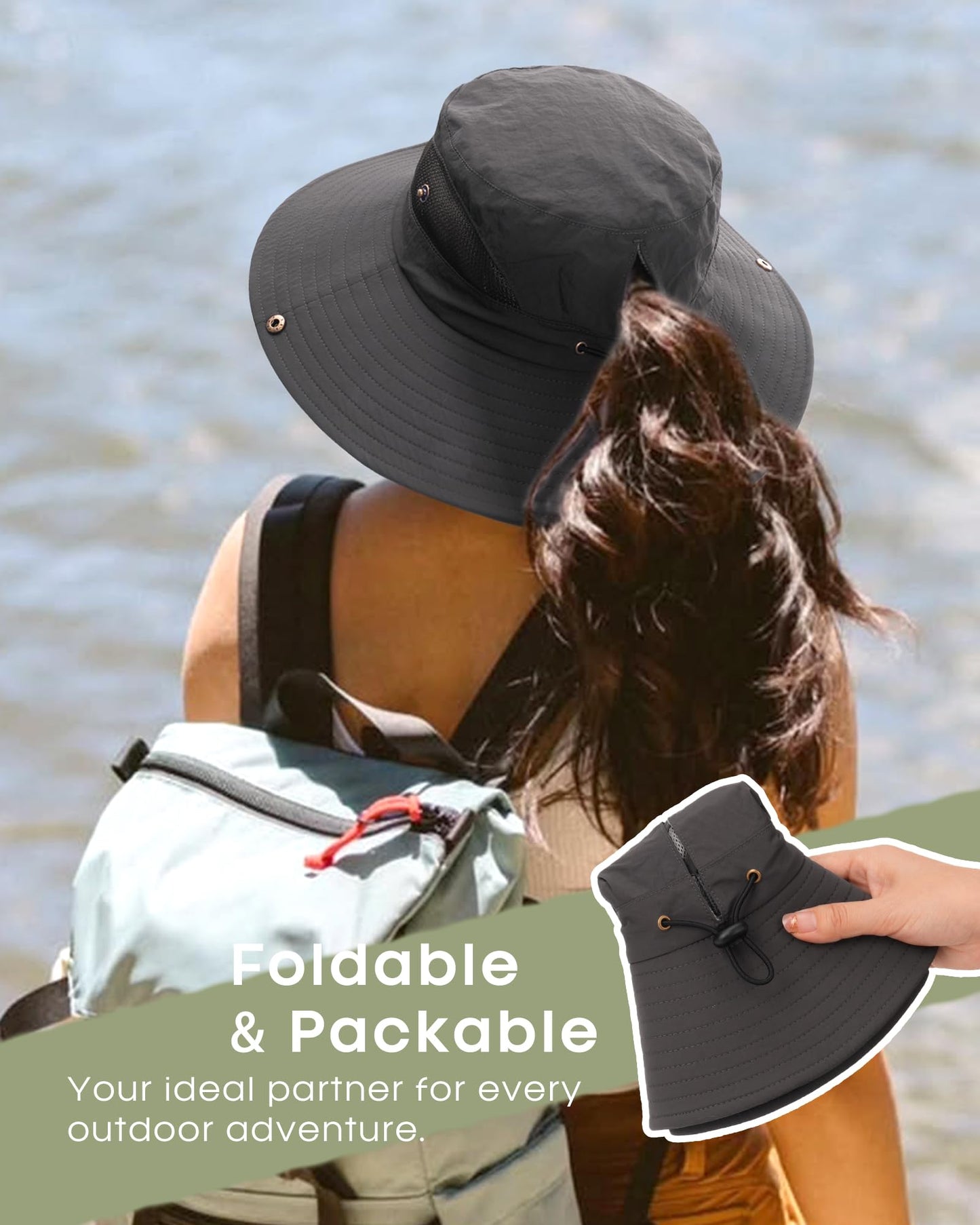 FURTALK Womens Sun Hat Beach Summer Wide Brim UPF 50+ Outdoor Protection Foldable Lightweight Ponytail Bucket Hat Dark Grey, One Size