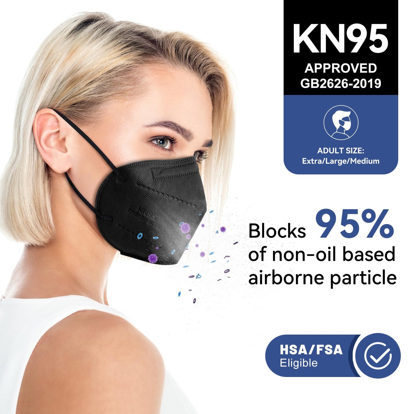 KN95 Face Masks Black Adults - 100 Pack Disposable Masks Comfortable 5-Layer Safety Face Masks & 5 Adjustable Masks Extender Masks Large Size