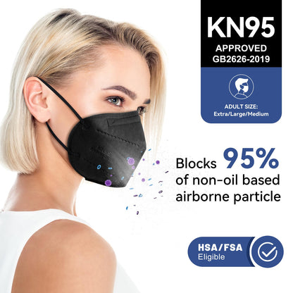 KN95 Face Masks Black Adults - 100 Pack Disposable Masks Comfortable 5-Layer Safety Face Masks & 5 Adjustable Masks Extender Masks Large Size