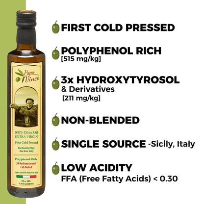 Papa Vince Olive Oil Extra Virgin - First Cold Press Family Harvest 2024/25, Polyphenol Rich, Subtle Peppery Finish, Unrefined, High in Monounsaturated Fat, No Pesticides, No GMO, Sicily, Italy