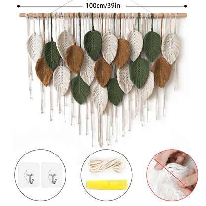 KHOYIME Large Macrame Wall Hanging Boho Woven Tapestry, Chic Home Decor Modern Bohemian Handmade Leaf Feather Wall Art Decorations for Apartment Dorm Living Room Bedroom Nursery Backdrop 39"W X 29.5"L