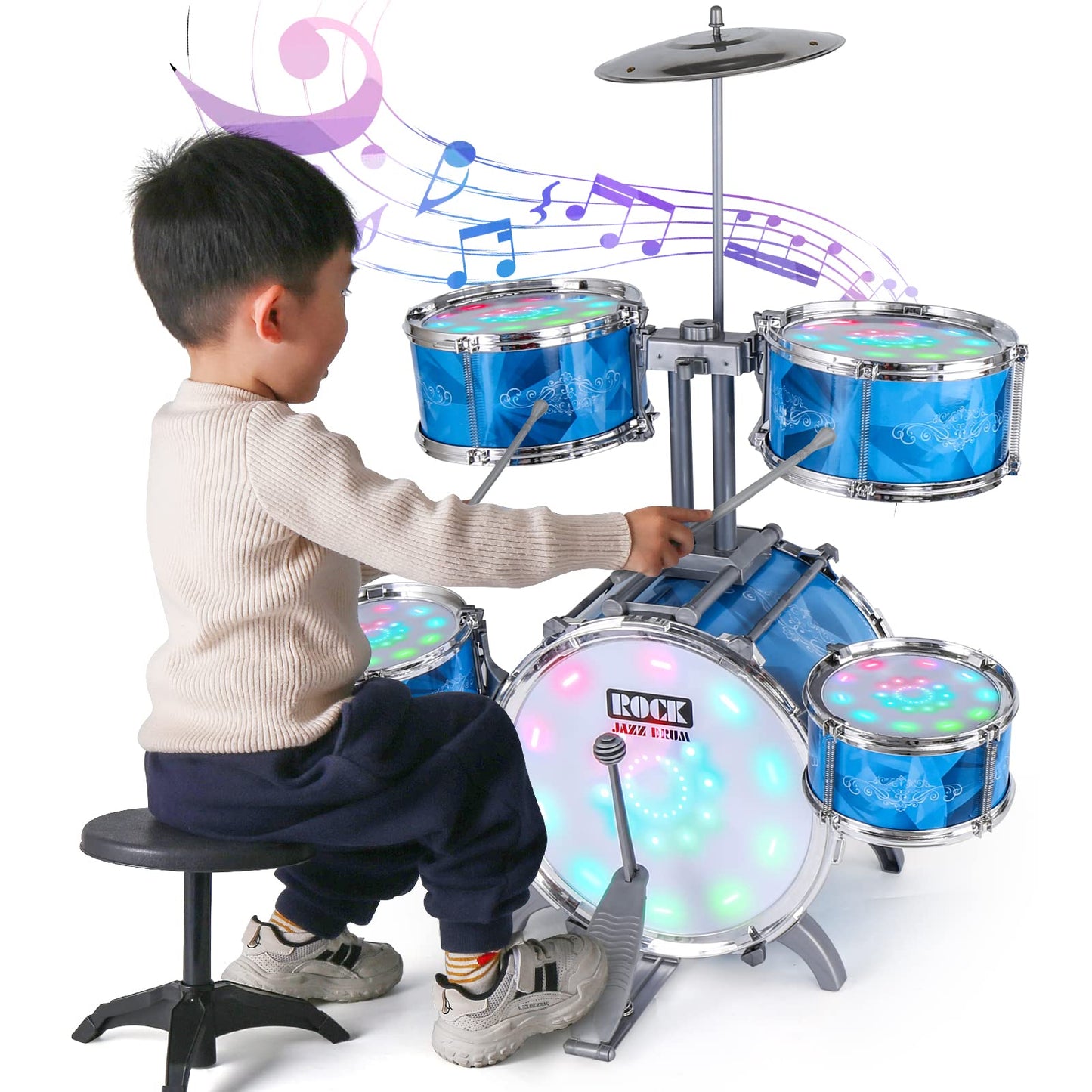 Kids Drum Set for Toddlers with 5 Jazz Drum Kit & Lights (Vibrating-Controlled) & Alloy, Musical Instruments Toys, Boys Gifts for Aged 1-3 3-5
