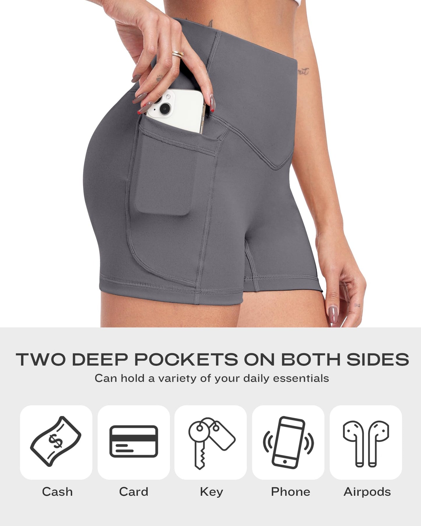 NORMOV 4 Packs Spandex Shorts for Women with Pockets, 3'' High Waisted Tummy Control Booty Yoga Shorts(Black/Dark Gray/Navy/Burgundy,M)