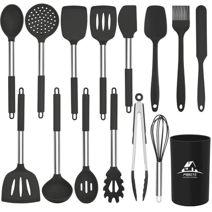 MIBOTE Silicone Kitchen Utensils Set, Cooking Utensils Set with Heat Resistant BPA-Free Silicone and Stainless Steel Handle Kitchen Tools Set (Black)