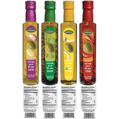 Mantova Organic Flavored Extra Virgin Olive Oil Variety Pack – Garlic, Basil, Chili, and Lemon (8.5 oz Bottles, Pack of 4) – Perfect for Cooking, Dressing, and a Great Gift Item