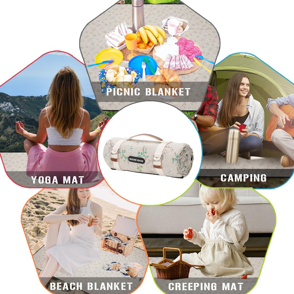 Picnic Outdoor Blankets Waterproof Extra Large - Beach Mat Sand Free Foldable with Carry Strap | Portable Camping Blanket | Park Blanket for Grass Park, Hiking, Travel, Concerts, Indoor(Multi Flower)