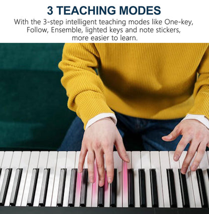 61 Key Portable Electronic Keyboard Piano w/Lighted Full Size Keys, LCD, Headphones, X-Stand, Stool, Music Rest, Microphone, Note Stickers, Built-In Speakers,3 Teaching Modes