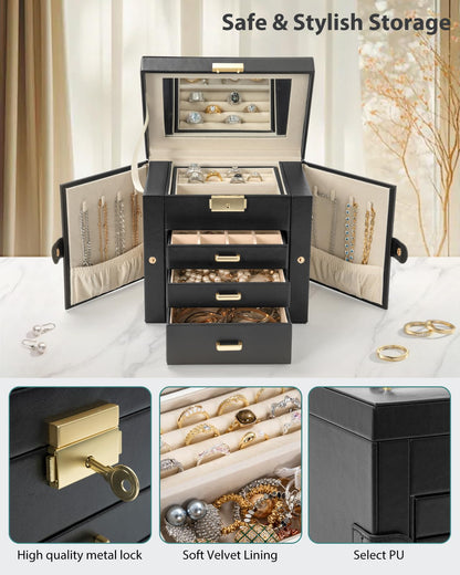 AKOZLIN 4-Tier Jewelry Box Leather Jewelry Storage Organizer with 3 Drawers Lockable for Women Girls Ring Necklace Earring Bracelet Holder with Mirror Black