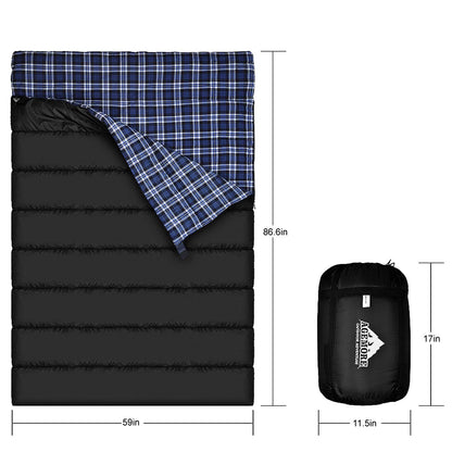 AGEMORE Cotton Flannel Double Sleeping Bag for Camping, Backpacking Or Hiking. Queen Size 2 Person Waterproof Sleeping Bag for Adults Or Teens. Lightweight with Compression Sack