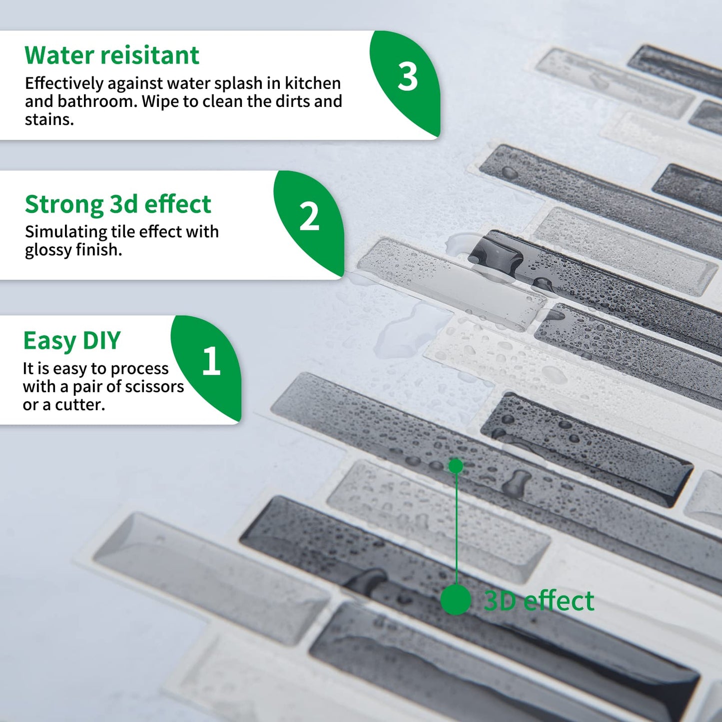 LONGKING 10-Sheet Self-Adhesive Peel and Stick Backsplash for Kitchen, Vinyl Decorative Tiles (Black/Gray)