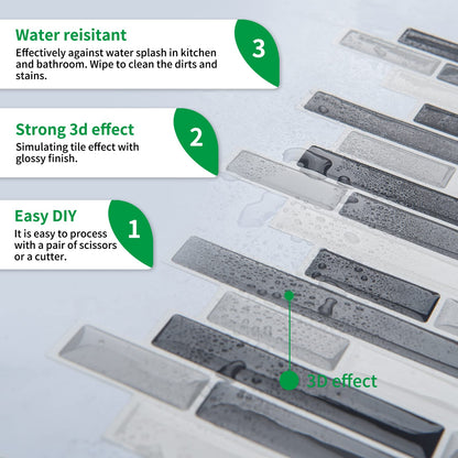 LONGKING 10-Sheet Self-Adhesive Peel and Stick Backsplash for Kitchen, Vinyl Decorative Tiles (Black/Gray)