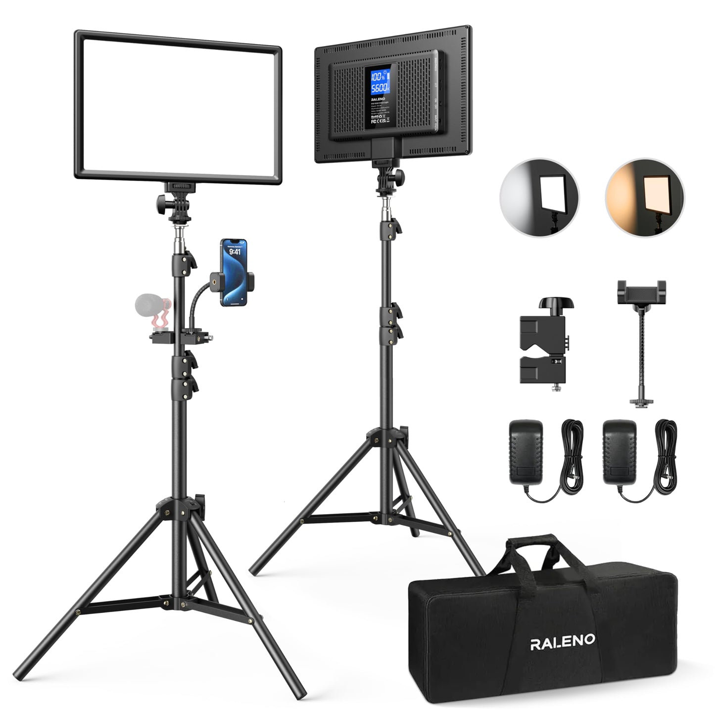 RALENO 13" LED Video Light, 2-Pack Bi Color Photography Lighting Kit with 75" Stand & Phone Clip, CRI 95+ Studio Lights with 8000mAh Built-in Battery for TikTok/YouTube/Live Streaming/Videography