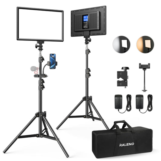 RALENO 13" LED Video Light, 2-Pack Bi Color Photography Lighting Kit with 75" Stand & Phone Clip, CRI 95+ Studio Lights with 8000mAh Built-in Battery for TikTok/YouTube/Live Streaming/Videography