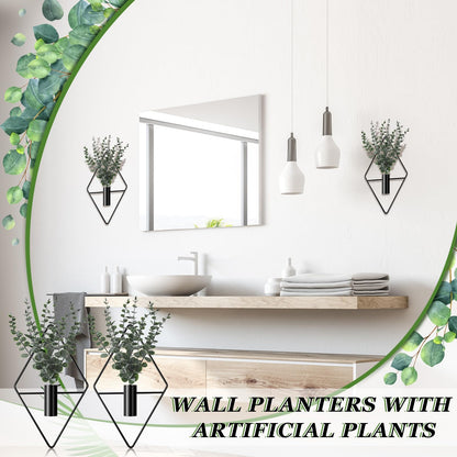 Jexine Hanging Planters with Artificial Eucalyptus Metal Hanging Vase Indoor Plants Holder Modern Geometric Boho Bathroom Wall Decor for Living Room Home Office (Black,4 Pcs)
