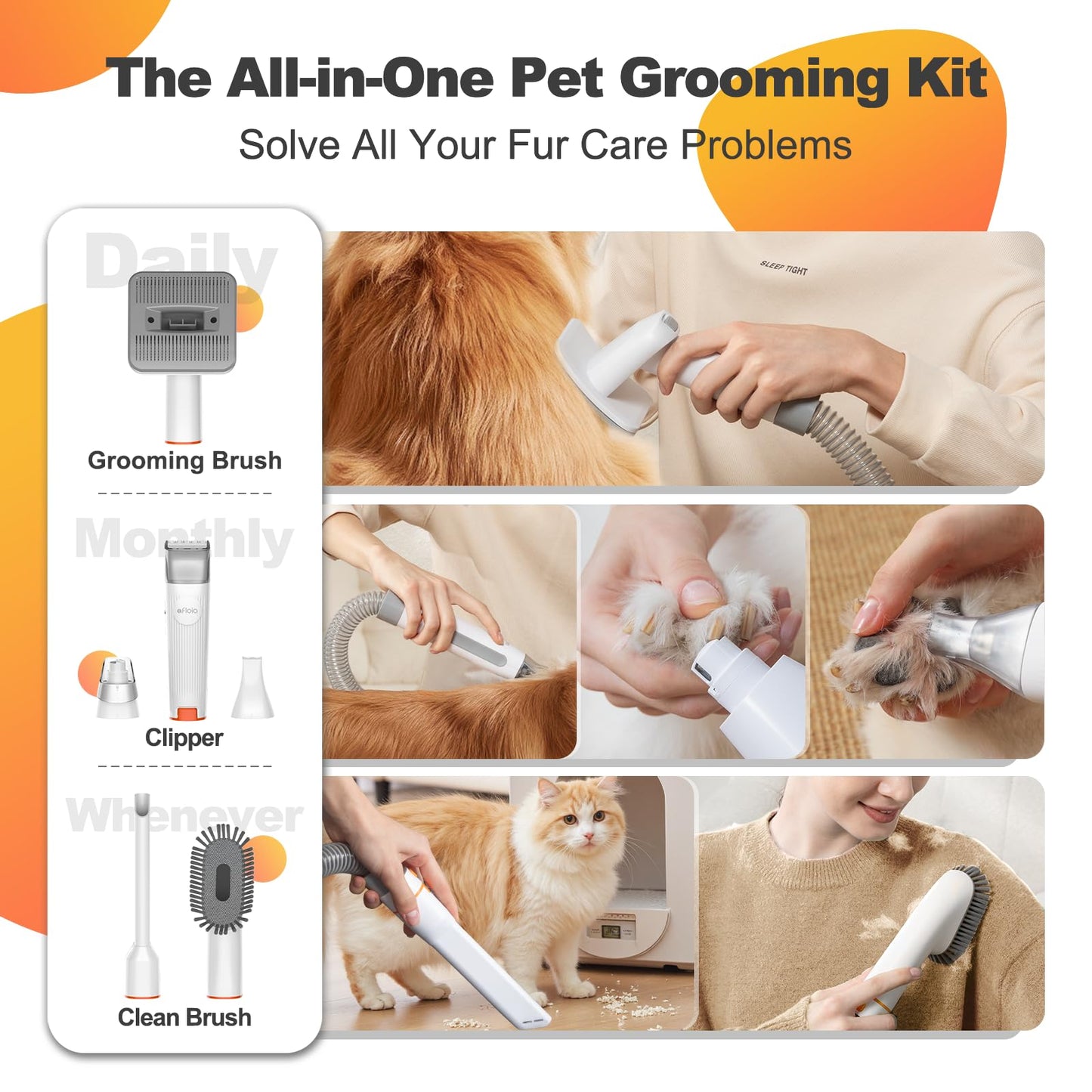 Afloia 6-in-1 Dog Grooming Kit, Pet Grooming Vacuum for Shedding, Dog Hair Vacuum with Clipper Nail Trimmer Grinder, Pet Brush Groomer at Home, Low Noise Cats Hair Remover, 1.5L Dust Cup, White