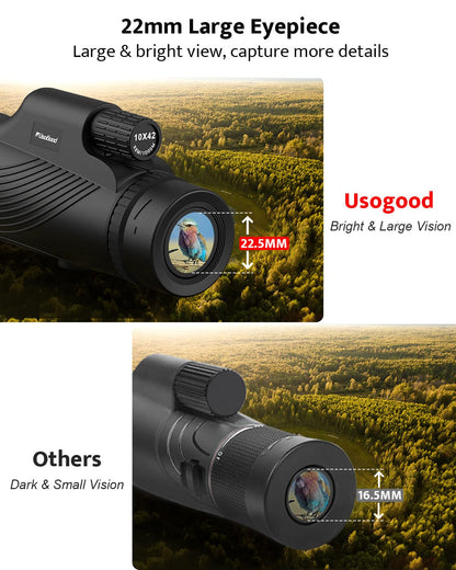 Monocular Telescope, 10x42 Monoculars for Adults, Usogood Compact Portable Waterproof Monocular with Hand Strap, Lightweight Handheld Pocket Telescope for Bird Watching