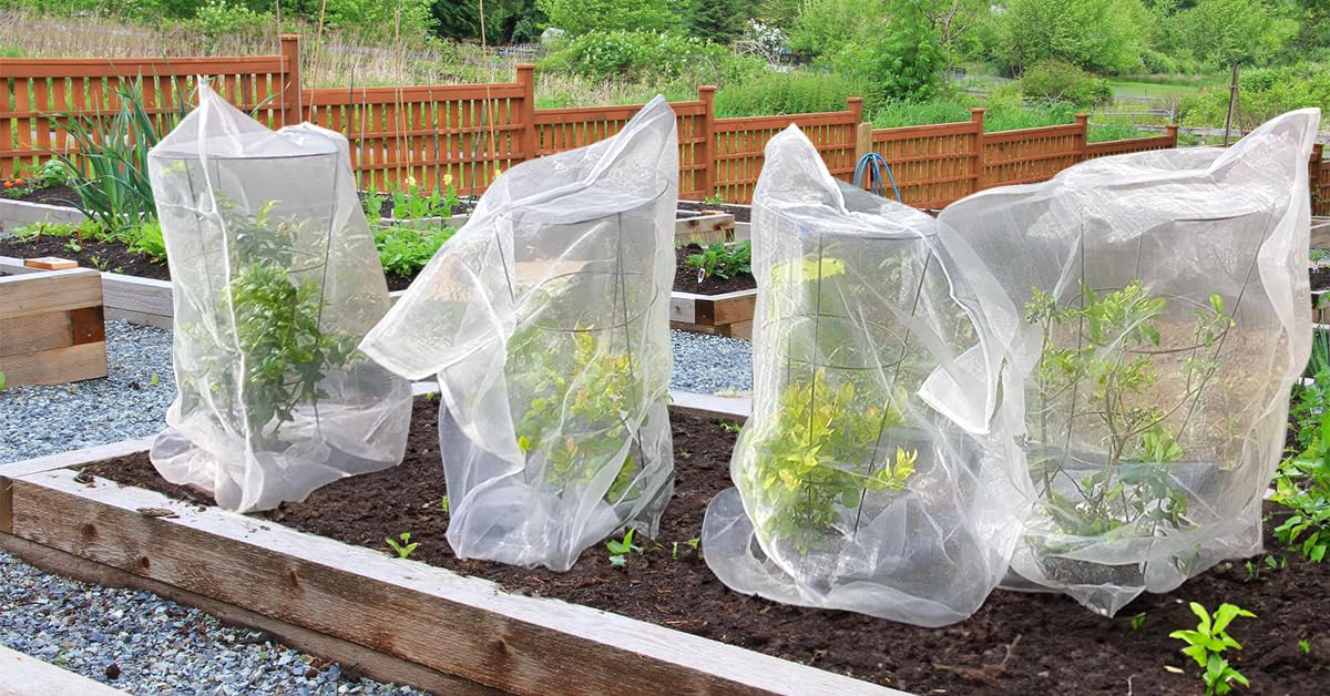 4 Pack Garden Mesh Netting for Plants 2.6x3.3ft - 3.3x4.9ft Insect Bird Netting Pest Barrier Bag with Drawstring 2 Size Fruits Tree Blueberry Bush Netting Cover Bag Protection for Vegetables Tomato