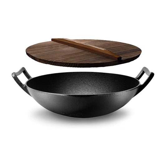 NutriChef Cast Iron Wok with Wooden Lid - Pre-Seasoned Chinese Wok for Stir-Fry, Compatible with Multiple Cooktops Including Induction, Large 5.8 Qt Capacity, 12" Diameter