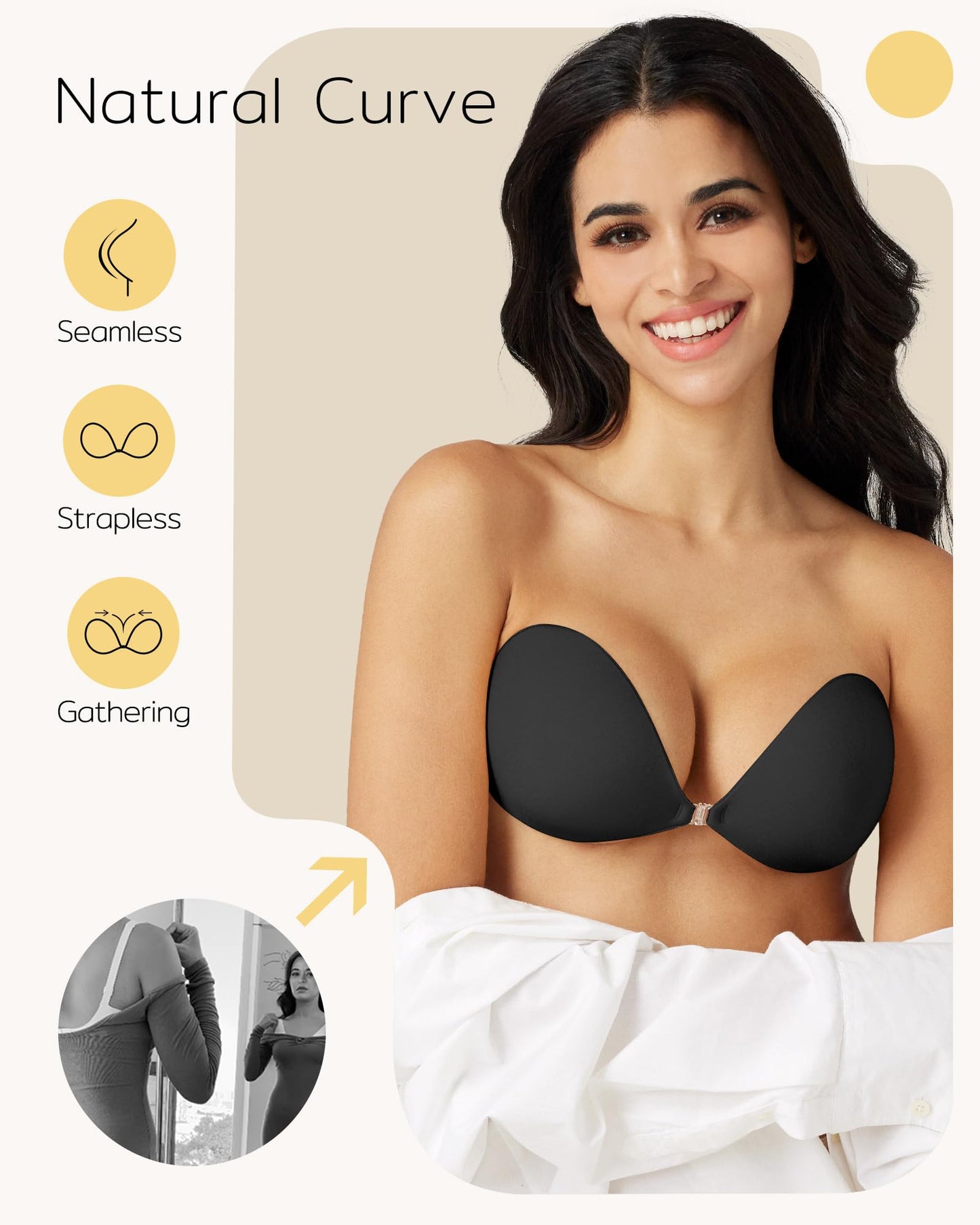 Niidor Adhesive Bra Strapless Sticky Invisible Push up Silicone Bra for Backless Dress with Nipple Covers (A Cup) Black