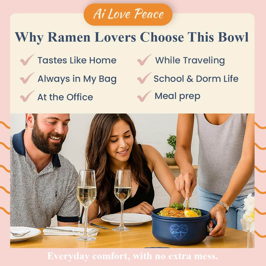 AI LOVE PEACE Ramen Bowl, 40 oz Microwaveable Noodle Cooker for Ramen, Pho, Soup, and Pasta, Dishwasher Safe and Portable, Ideal for Home, Office, Dorm, or Gift (Pink)