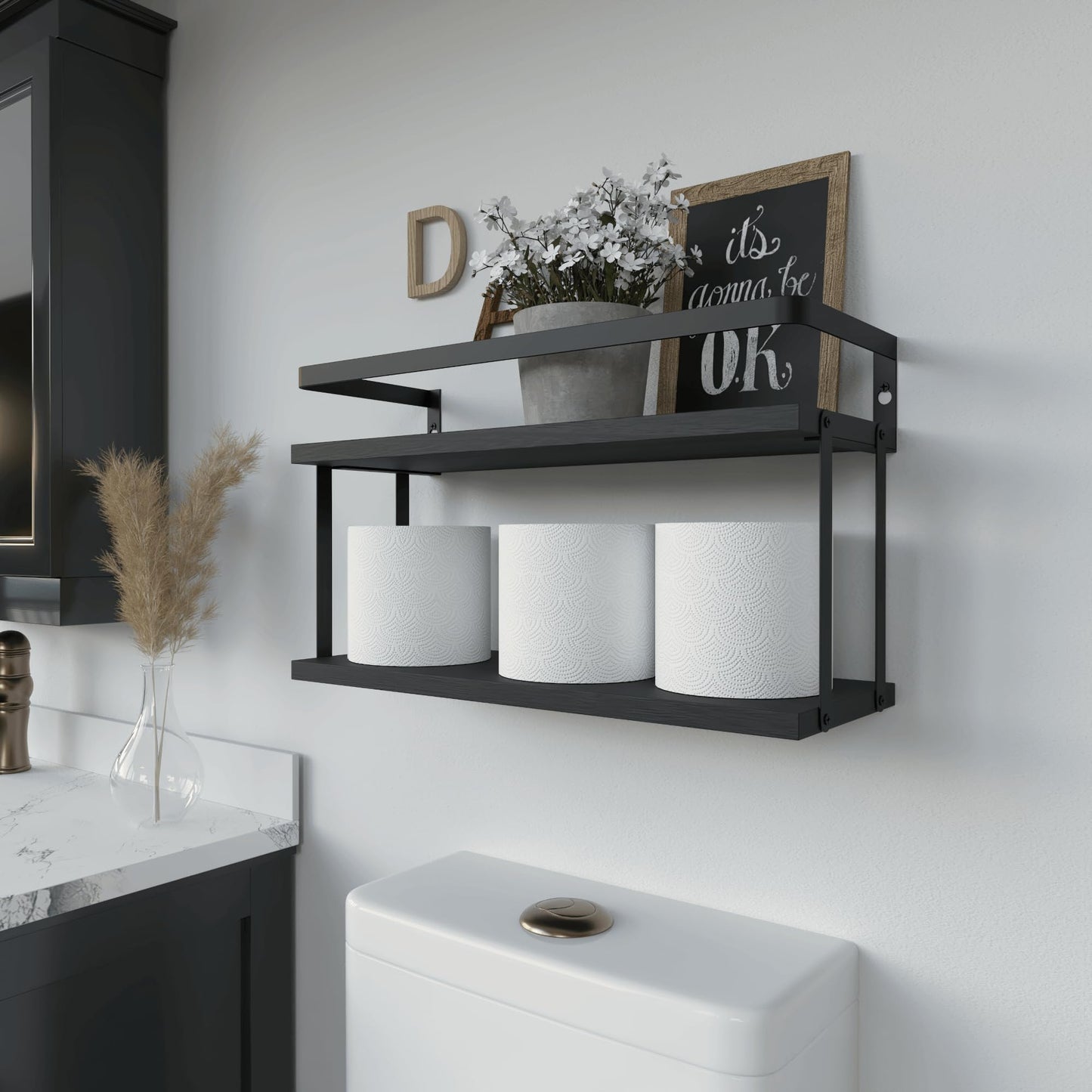 RICHER HOUSE Dual-Level Guardrail Floating Shelves, Rustic Wood Bathroom Shelf Wall Mounted, Over Toilet Paper Storage Shelves for Wall Decor, Bathroom Organizers - Black