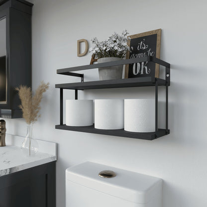RICHER HOUSE Dual-Level Guardrail Floating Shelves, Rustic Wood Bathroom Shelf Wall Mounted, Over Toilet Paper Storage Shelves for Wall Decor, Bathroom Organizers - Black