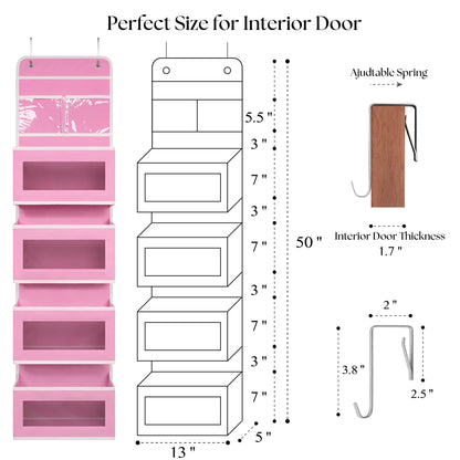 Over Door Organizer with 4 Large Capacity Pockets, Hanging Organizer Storage for Closet Bathroom Nursery Bedroom Dorm, Toys Cosmetics Sundries and Baby Essentials, Pink