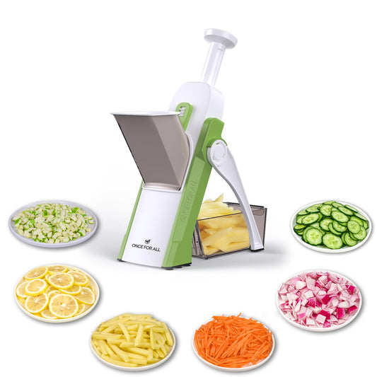 ONCE FOR ALL Safe Mandoline Slicer, Multi Vegetable Chopper, Potato Slicer for Kitchen, 4 Modes 100+ Presets Adjustable Thickness, French Fry Cutter (5 in 1 Green)