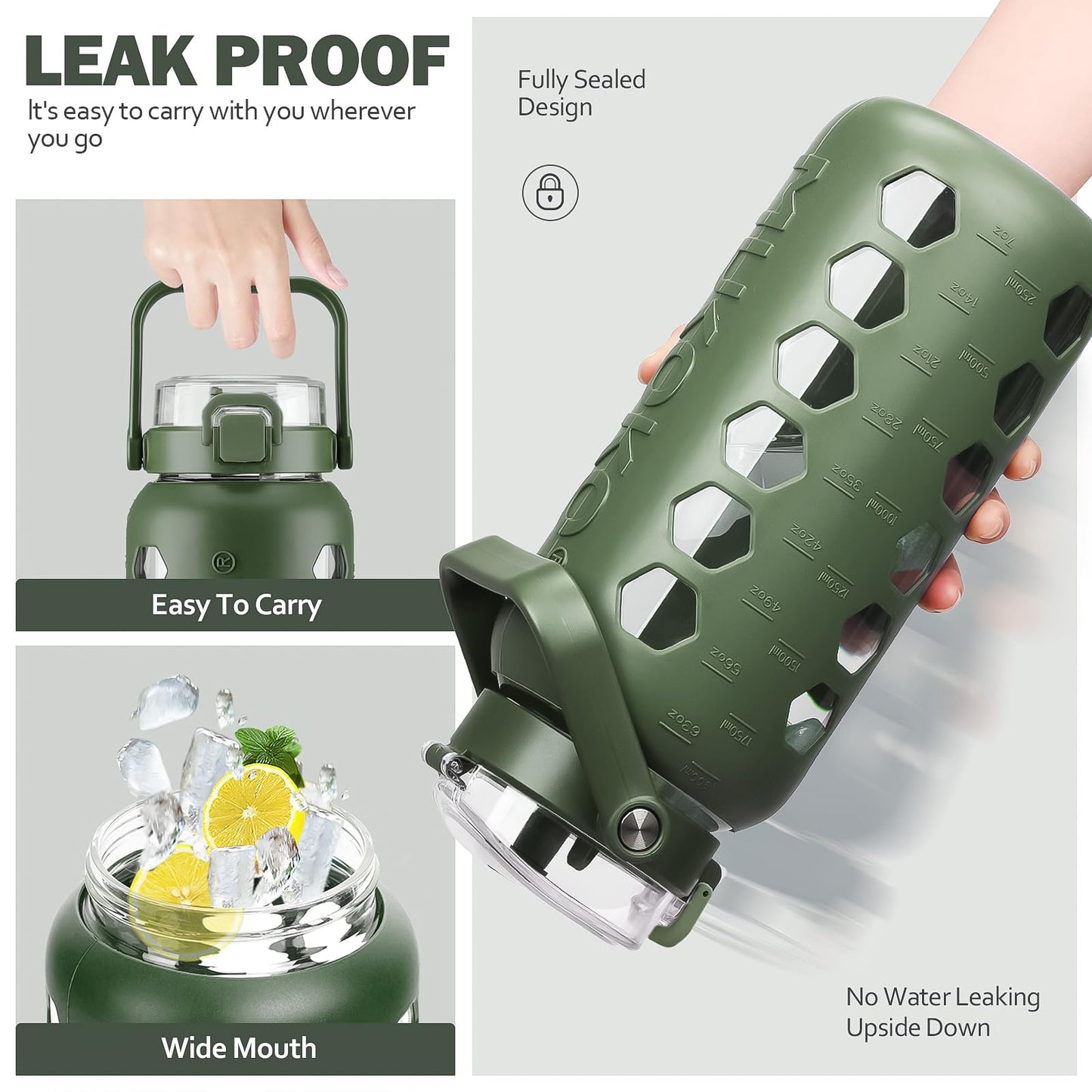 MUKOKO Half Gallon/64 oz Glass Water Bottles with Straw and Lid,Motivational Water Jug with Time Marker Reminder and Silicone Sleeve,100% Leakproof BPA Free Fitness Sports Large Bottle-Olive