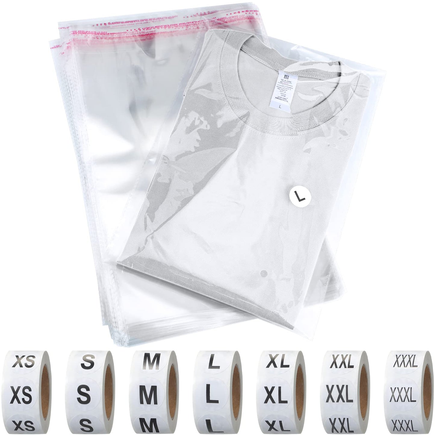 200 Pcs Resealable Poly Clear Shirt Bags with 7 Sizes 3500 Pcs Clothing Size Stickers Labels Self Sealing Plastic Bag for Small Businesses Packaging T Shirts Retail Storage(10 x 13 Inch)