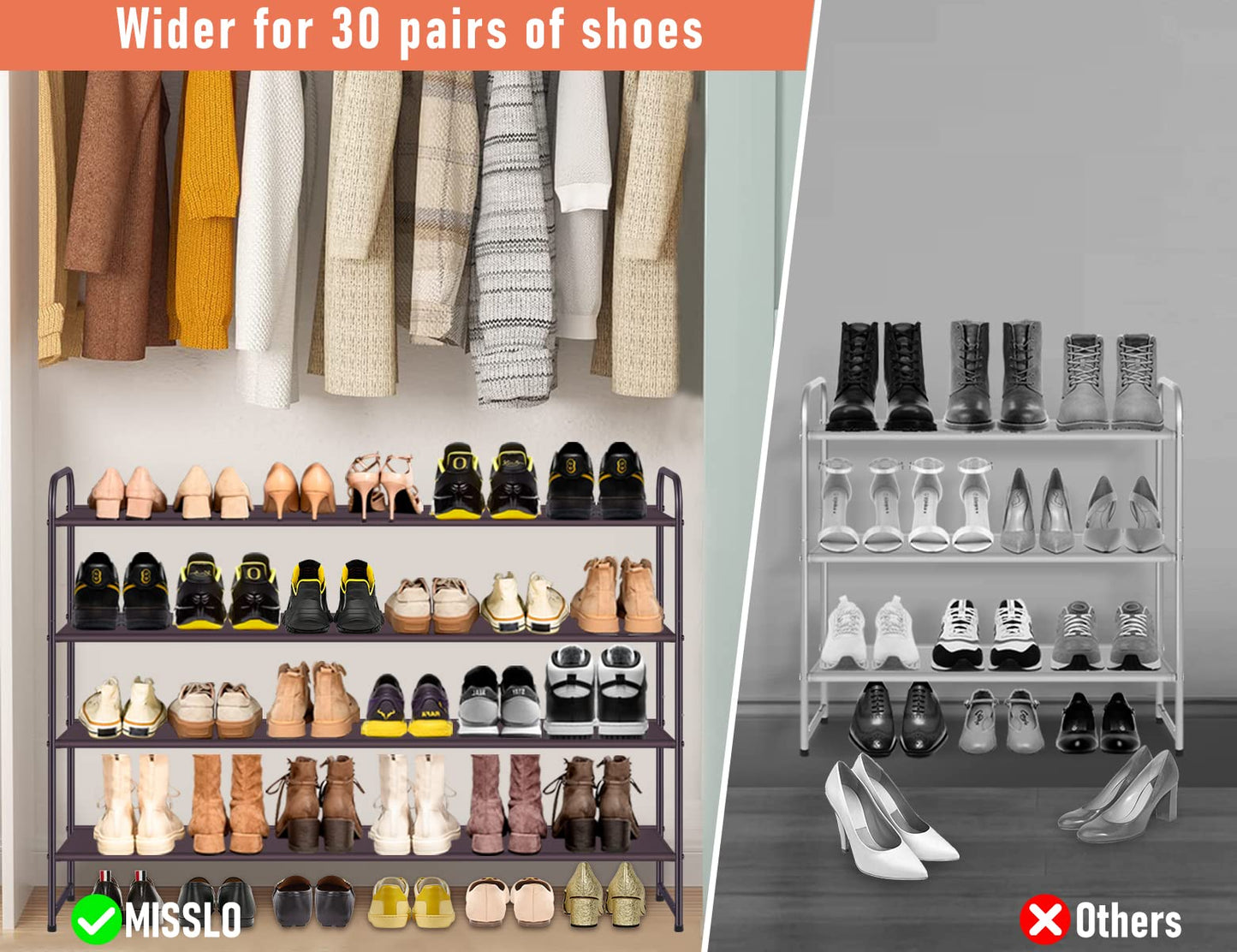 MISSLO 4 Tier Long Shoe Organizer for Closet Shoe Rack for Bedroom Closet Floor Shoe Shelf for Entryway Storage Stackable Wide Shoe Shelf Stores 30 Pairs of Men Sneakers, Brown