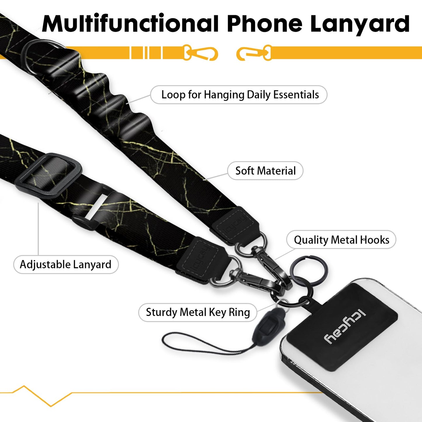 Icycay Phone Lanyard Crossbody, Black Marble Cell Phone Strap for Around The Neck Adjustable, Anti Theft Cute Lanyard for iPhone Case ID Holder Keys Accessories Travel Essential