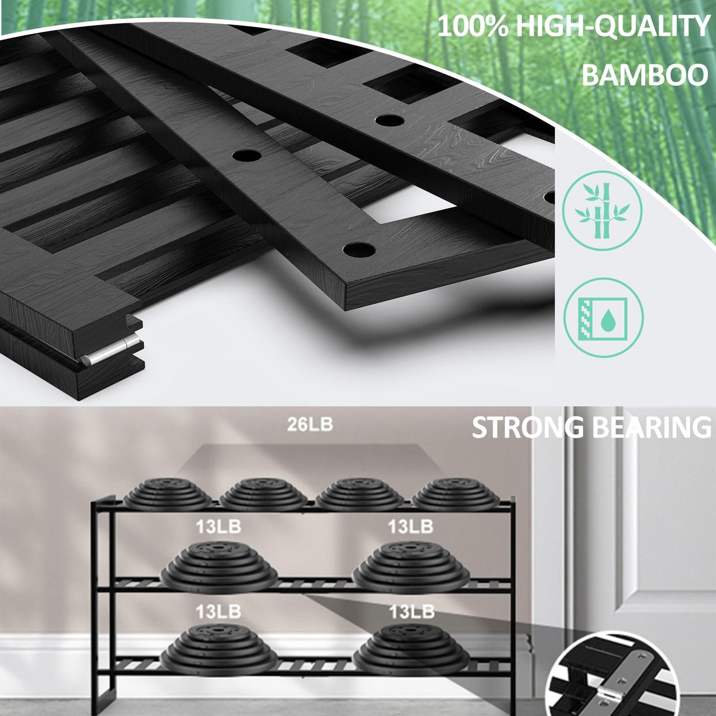 Jripae Bamboo Shoe Rack for Closet, Stackable 3 Tier Longer Shoe Organizer Shelf Holder Storage 12-15 Pairs for Entryway Door Hallway Bedroom Garage Space Saving Foldable Black