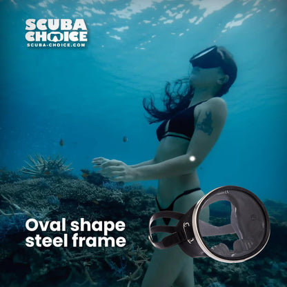 Scuba Choice Spearfishing Free Dive Mask - Classic Rubber with Tempered Glass Lenses | Oval Shape Stainless Steel Frame for Enhanced Visibility & Comfort, Perfect Underwater Adventures - Black