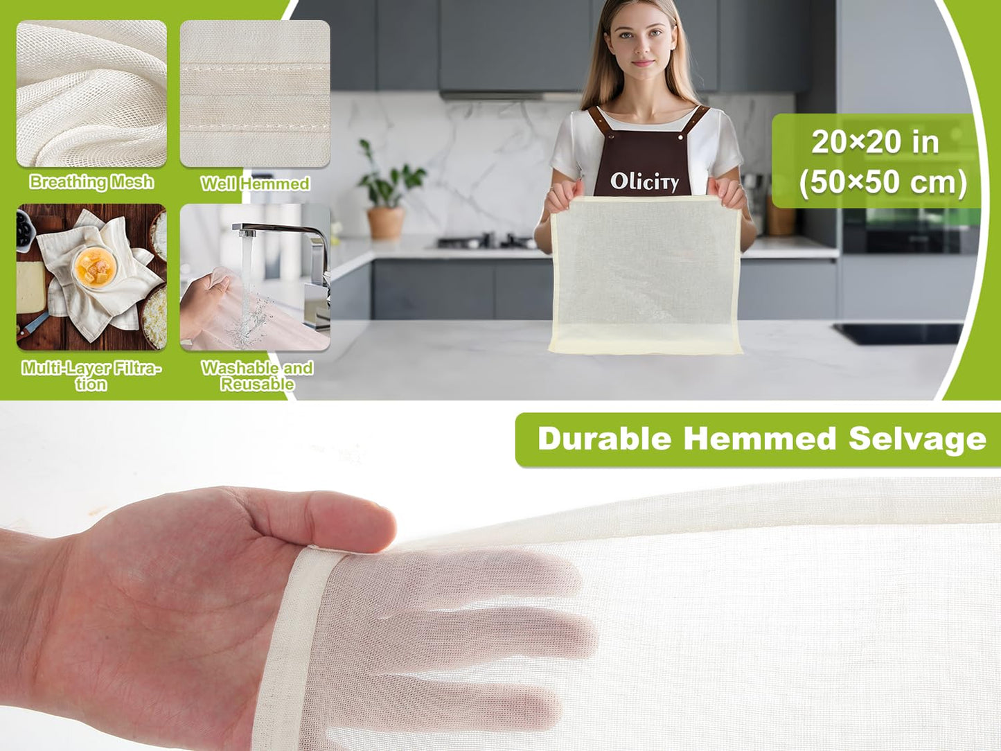Olicity Cheese Cloths, 6PCS, Grade 100,20x20Inch Hemmed Cheese Cloth Fabric Reusable Fine Mesh Cloth, 100% Cotton Unbleached Precut Muslin Cheesecloth for Straining, Cooking, Yogurt, Juicing