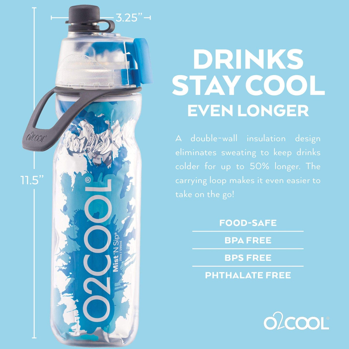 O2COOL ArcticSqueeze Insulated Mist 'N Sip Squeeze Bottle 20 oz., Blue/Blue Splash