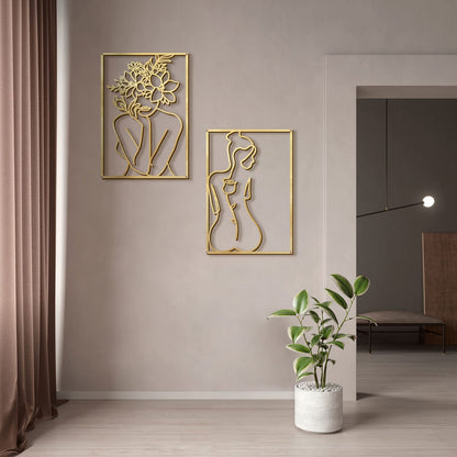 Glamativity 4 Pack Gold Wall Art Décor, Minimalist Single Line Real Metal Wall Art, Woman's Body Shape Abstract Wall Art (Gold Classic Style, 17 x 11.8'')