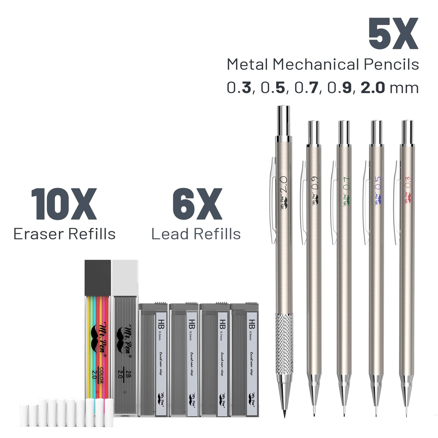 Mr. Pen- Metal Mechanical Pencil Set with Lead and Eraser Refills, 5 Sizes, 0.3, 0.5, 0.7, 0.9, 2mm, Drafting, Sketching, Architecture, Drawing Metal Mechanical Pencils