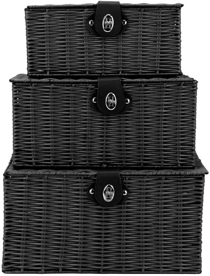 Homepeaz Set of 3 Woven Storage Basket Box Wicker Hamper Stackable Bin with Lid & Lock, Built-in Carry Handles, Organizer for Nursery, Baby Closet, Diaper, Toys, Home, Office, Laundry, DVD (Black)
