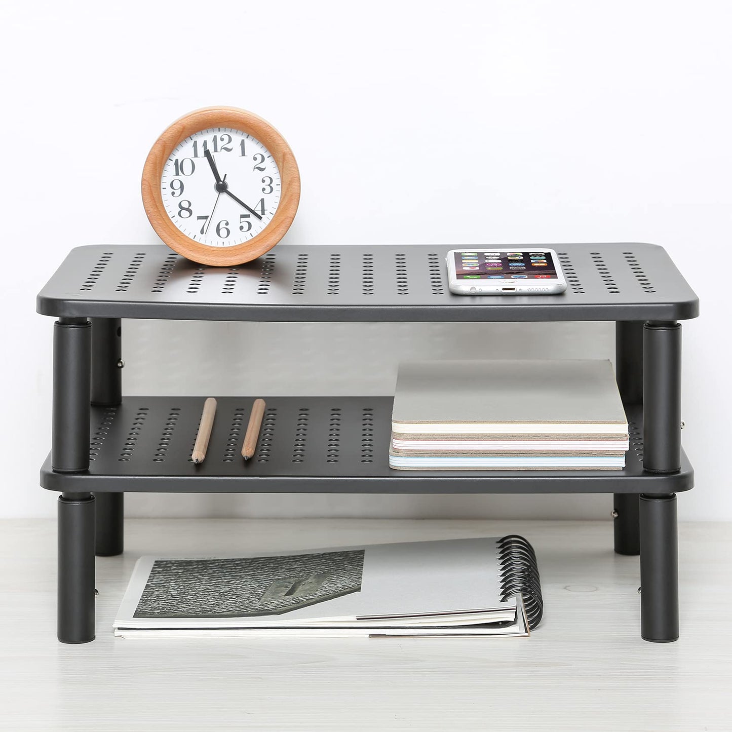 LOTEYIKE TV/Monitor Riser Desktop Stand, Flat Screen, Sturdy Metal Laptop Computer Shelf for Printer, iMac, 3 Height Adjustable PC with Mesh Platform , 2 Pack