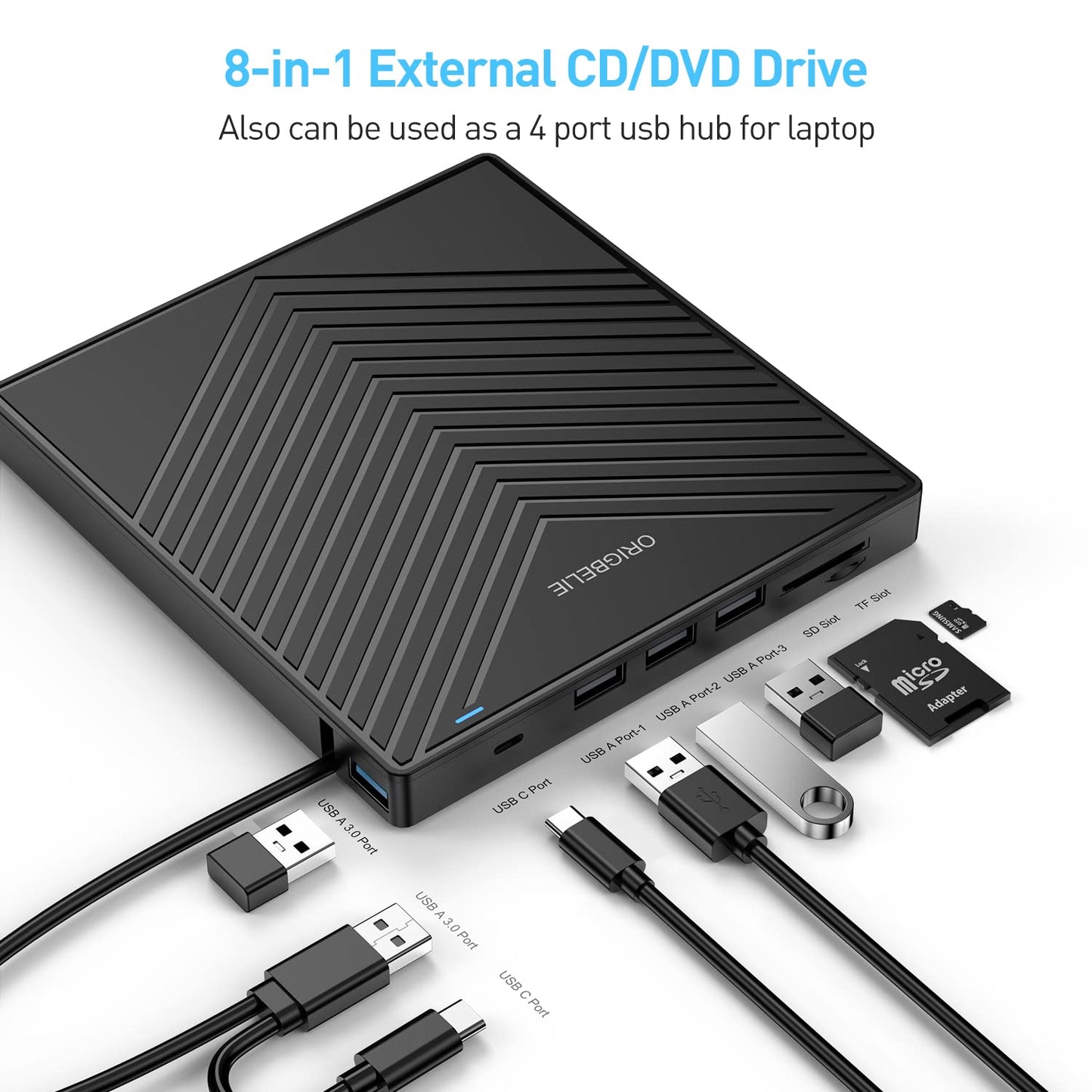 ORIGBELIE External CD DVD Drive, Ultra Slim CD Burner USB 3.0 with 4 USB Ports and 2 TF/SD Card Slots, Optical Disk Drive for Laptop Mac, PC Windows 11/10/8/7 Linux OS