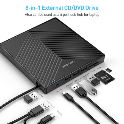 ORIGBELIE External CD DVD Drive, Ultra Slim CD Burner USB 3.0 with 4 USB Ports and 2 TF/SD Card Slots, Optical Disk Drive for Laptop Mac, PC Windows 11/10/8/7 Linux OS
