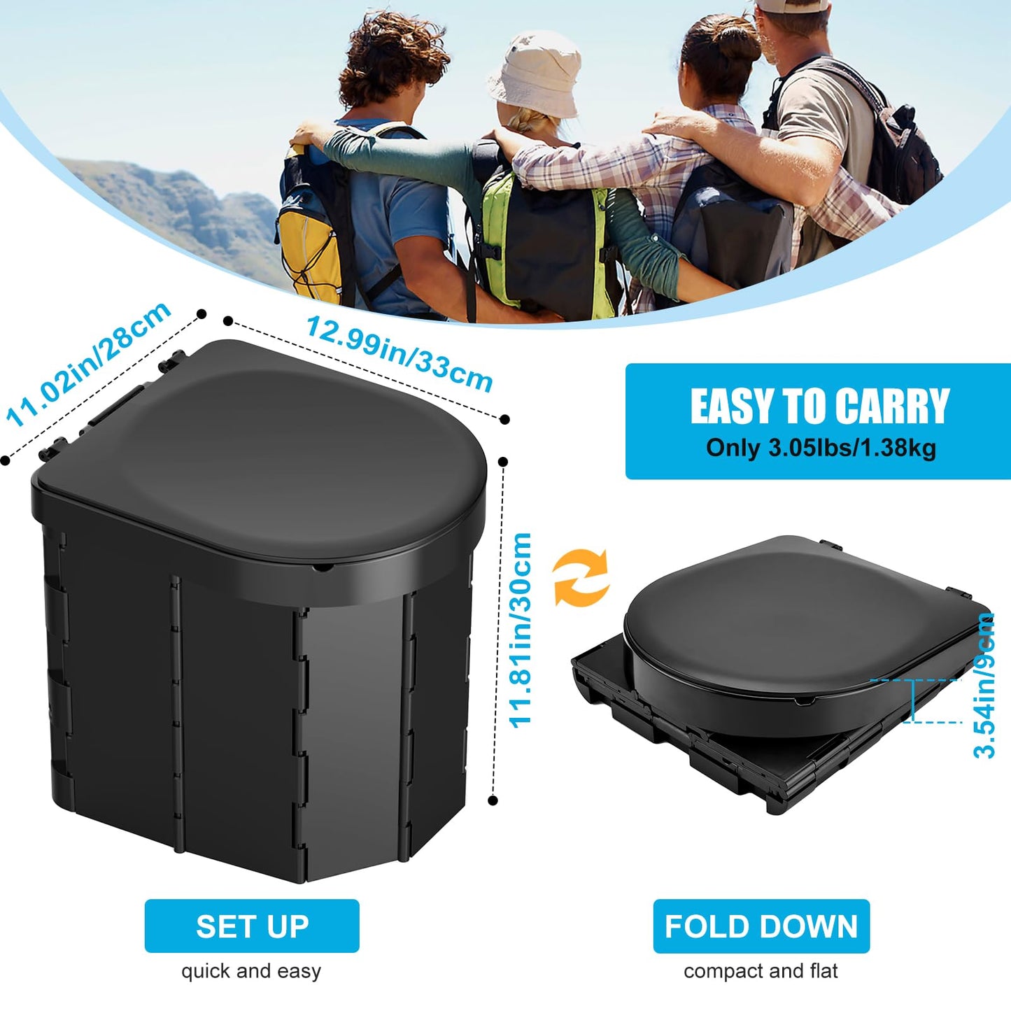 Portable Camping Toilet, Folding Toilet for Adults with Lid and Retractable TP Holder, Waterproof Porta Potty with Carry Bag and Disposible Liners for Camping, Hiking, RV Travel